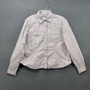 Adobe Rose Shirt Womens Vintage Western Floral Pearl Snap Front White Pink L